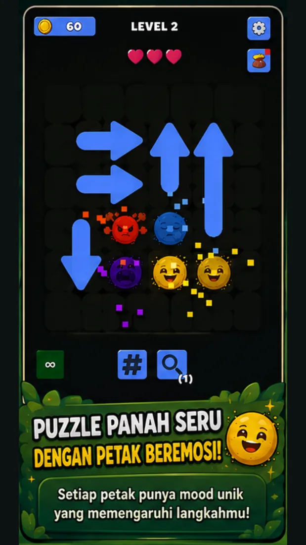 Gameplay Mood Arrow: level 2 dengan petak beremosi